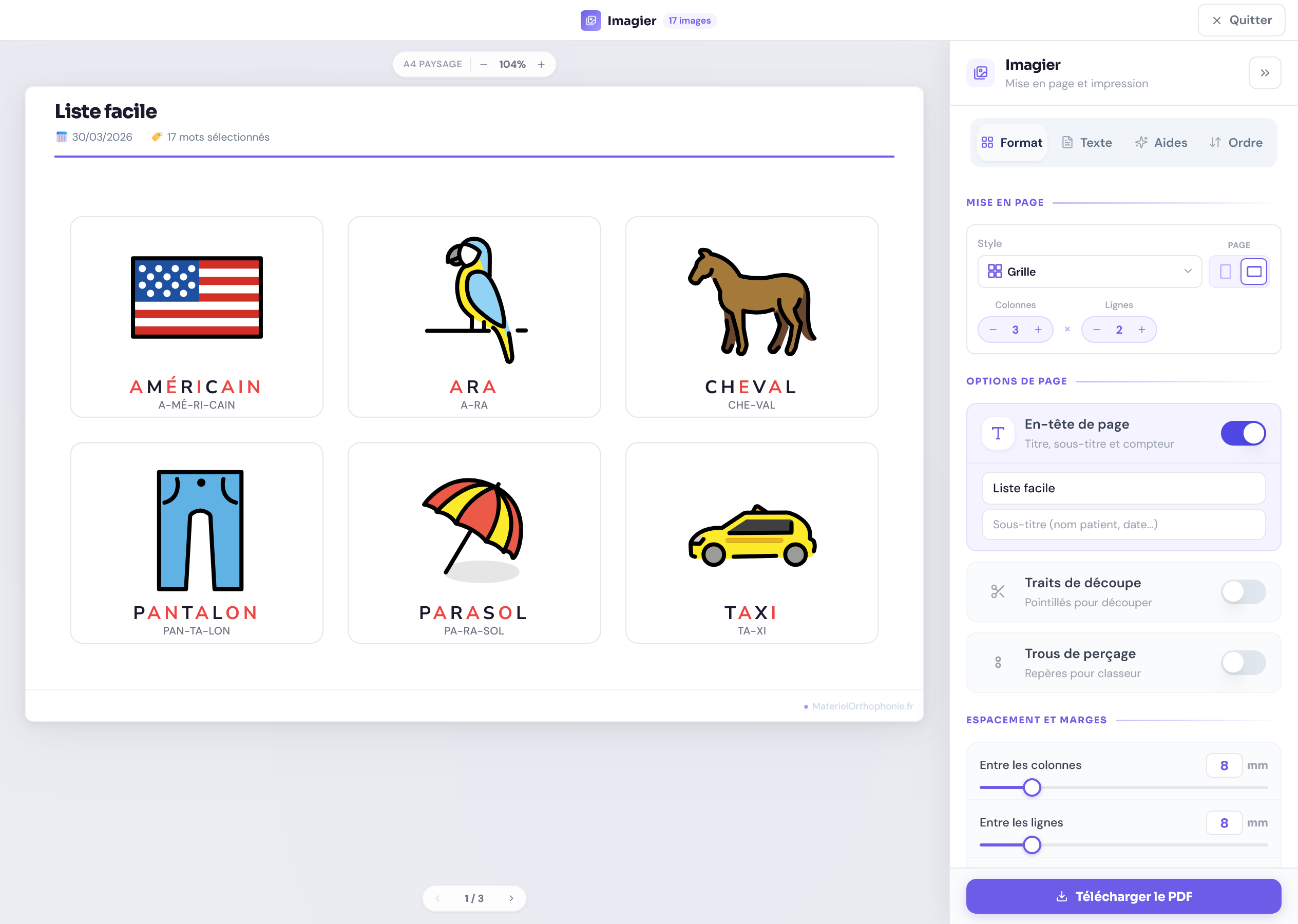 Imagier avec grille d'images et options de mise en page