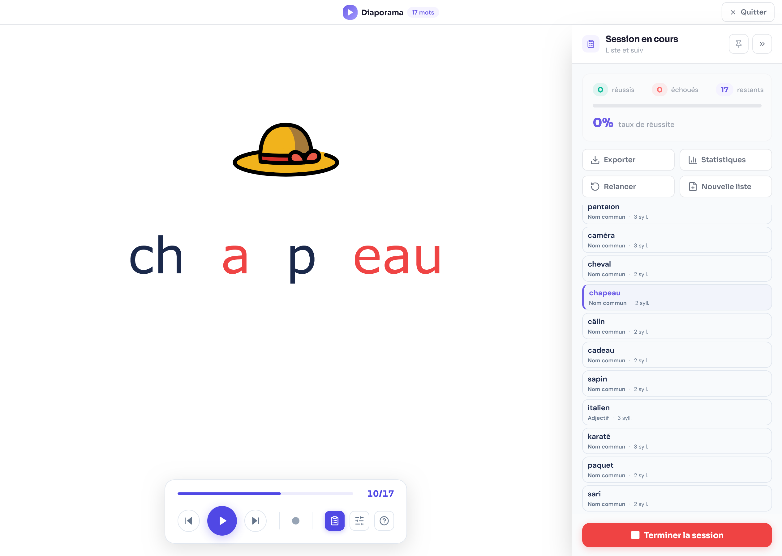 Diaporama plein écran avec syllabes colorées