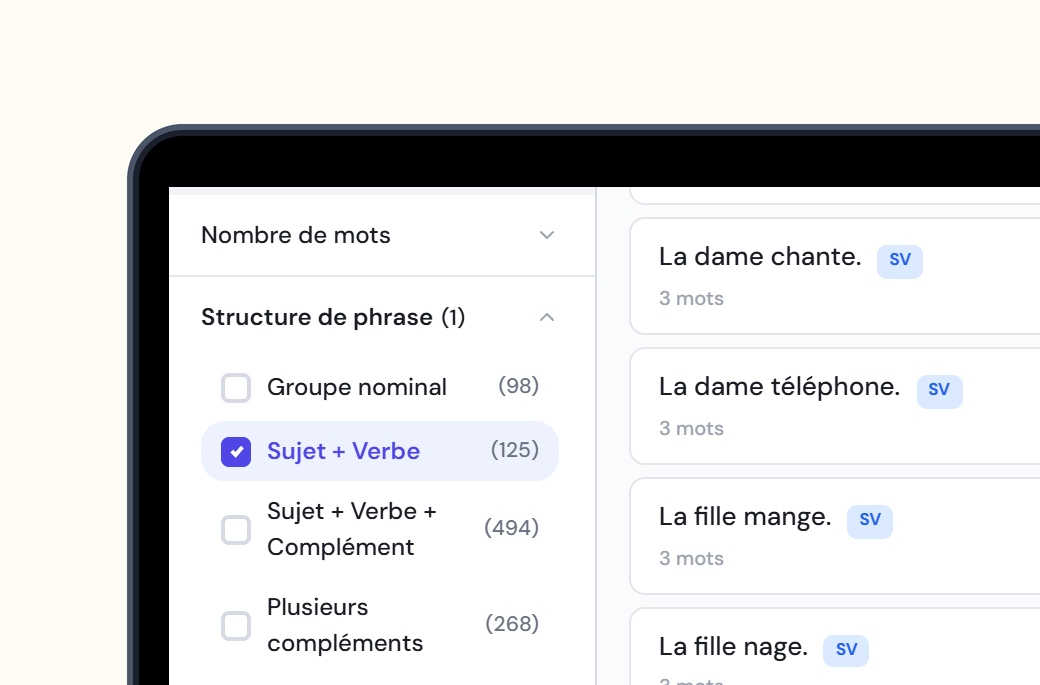 Boîte à phrases — banque de phrases avec filtres par structure de phrase