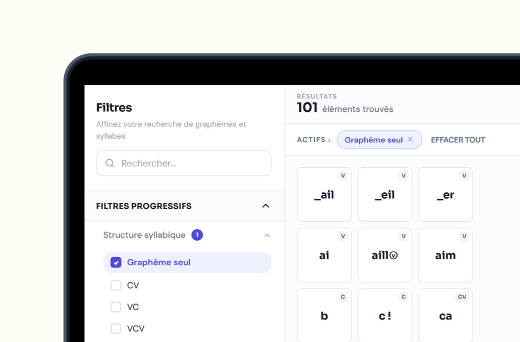 Boîte à Syllabes — banque de 14 000+ graphèmes et syllabes avec filtres par phonème, structure et niveau