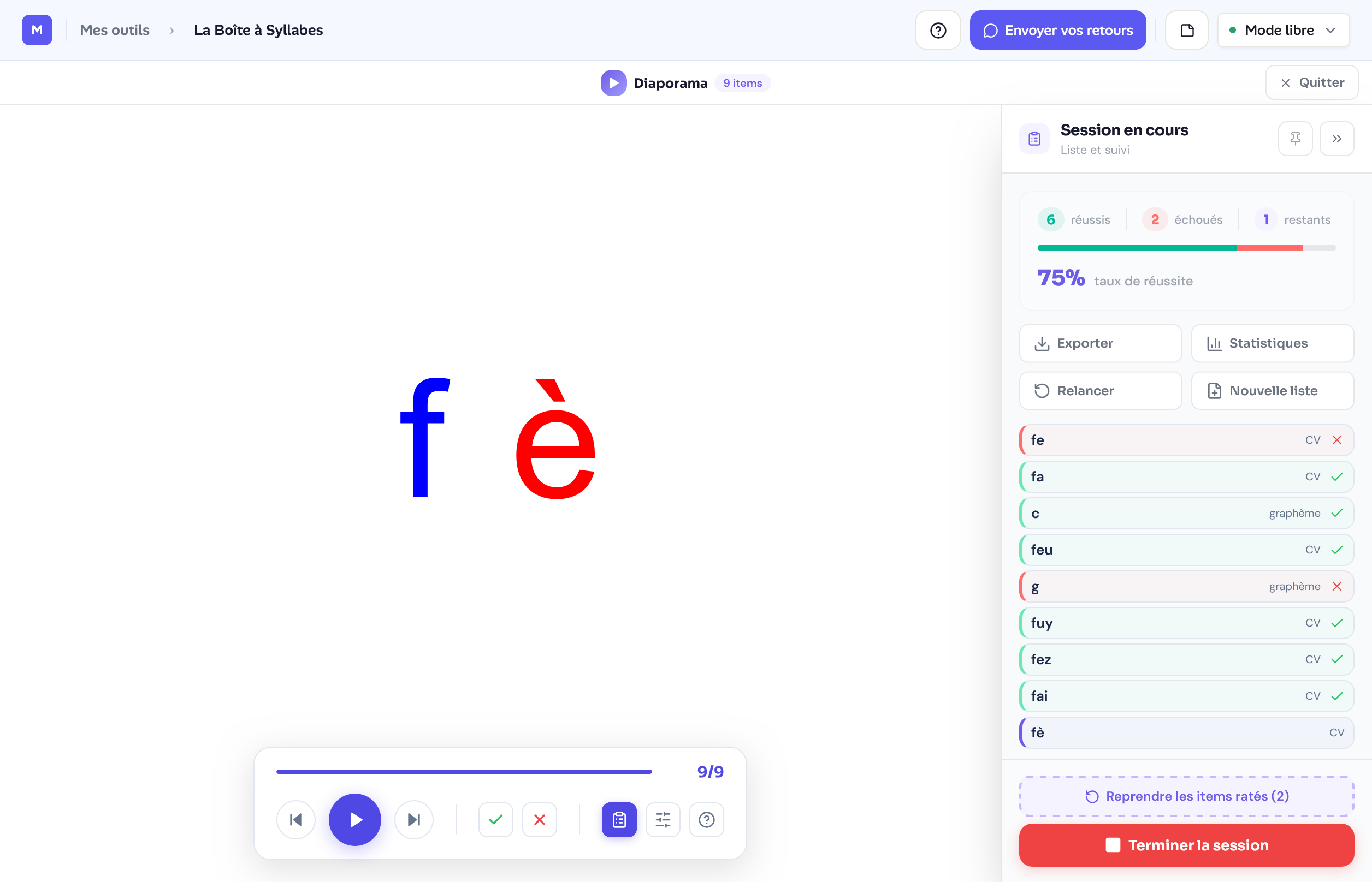 Diaporama avec notation rapide en direct des items : réussi, hésitant, échec, pour un suivi par séance
