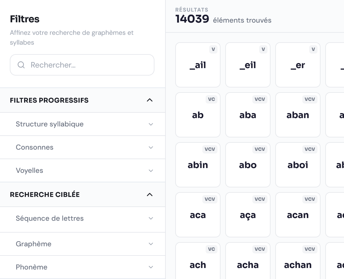 Interface de la Boîte à Syllabes : panneau de filtres ouvert sur 14 039 graphèmes avec structure, phonème et niveau