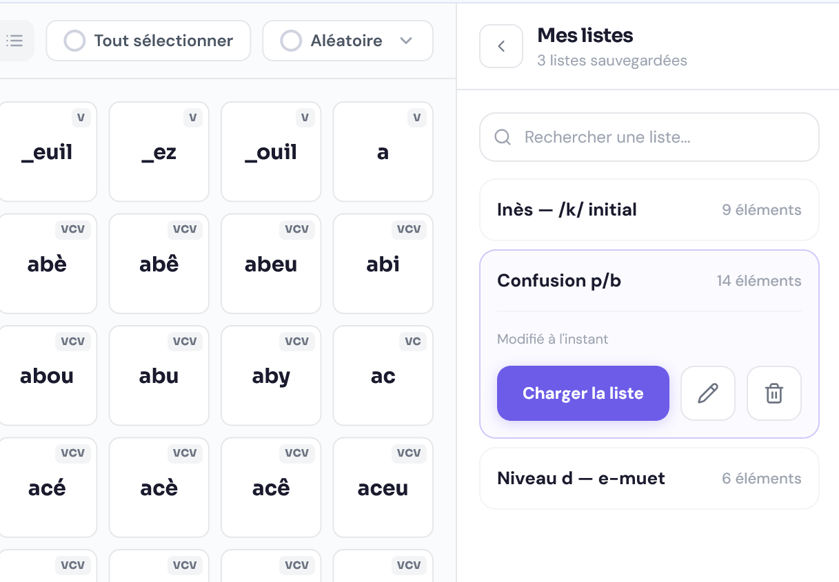 Boîte à Syllabes — panneau de listes sauvegardées avec sélections nommées par patient et par objectif