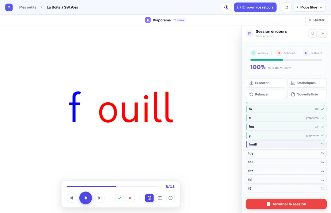 Diaporama Boîte à Syllabes : graphèmes et syllabes affichés en plein écran avec aides visuelles