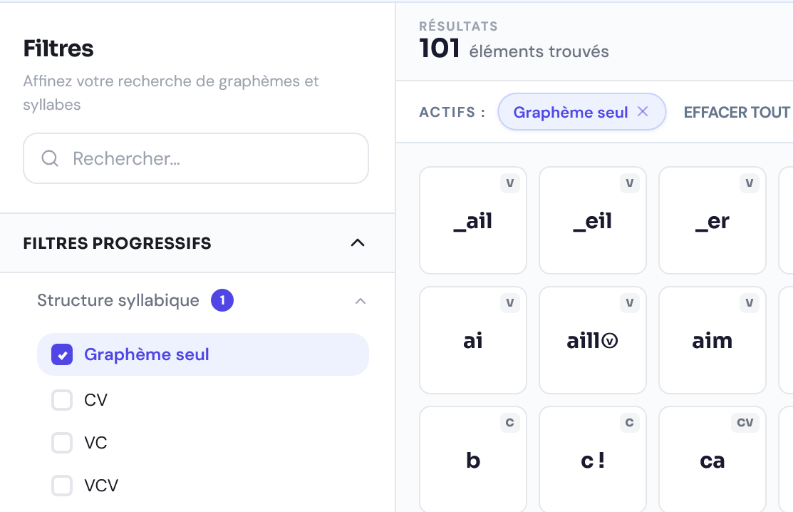 Filtre Structure syllabique dans la Boîte à Syllabes : 10 niveaux de progression CV, CVC, CCV...