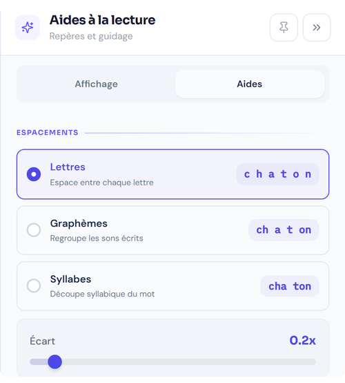 Aides à la lecture : espacements lettres, graphèmes et syllabes avec aperçu du mot chaton