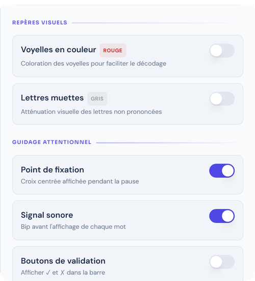 Repères visuels (voyelles en couleur, lettres muettes) et guidage attentionnel
