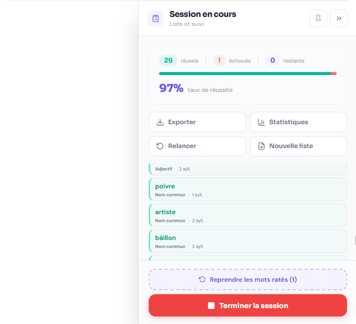 Session terminée : 29 réussis, 1 échoué, 97% de réussite