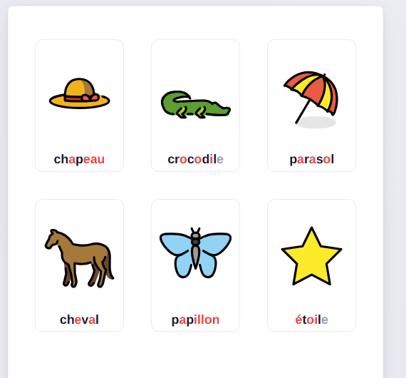 Imagier avec voyelles colorées en rouge et lettres muettes grisées — chapeau, crocodile, parasol, cheval, papillon, étoile