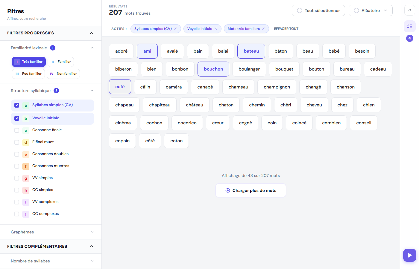 Interface de la Boîte à mots — filtres actifs (syllabes simples, voyelle initiale, mots très familiers), 207 résultats, 4 mots sélectionnés