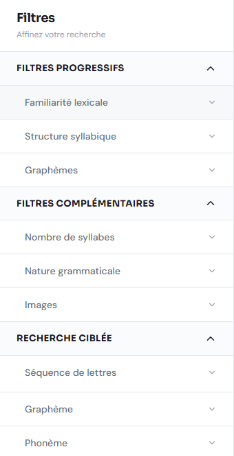 Panneau de filtres de la Boîte à mots — familiarité lexicale, structure syllabique (10 niveaux a-j), nombre de syllabes, nature grammaticale