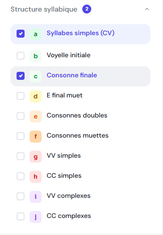 Structure syllabique — 10 niveaux de progression (a à j), de Syllabes simples CV à CC complexes, avec badges colorés